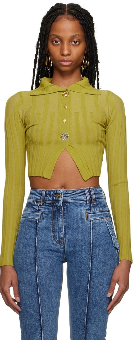 Jacquemus Bando Green Knit Ribbed Button Down Stretch Crop Top Cardigan Size 38